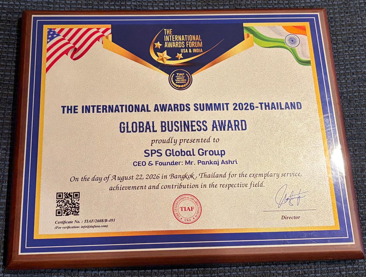 Global Business Award 2026 certificate presented to SPS Global Group